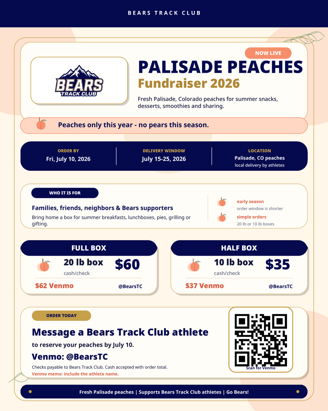 Bears Track Club Palisade peach fundraiser flyer